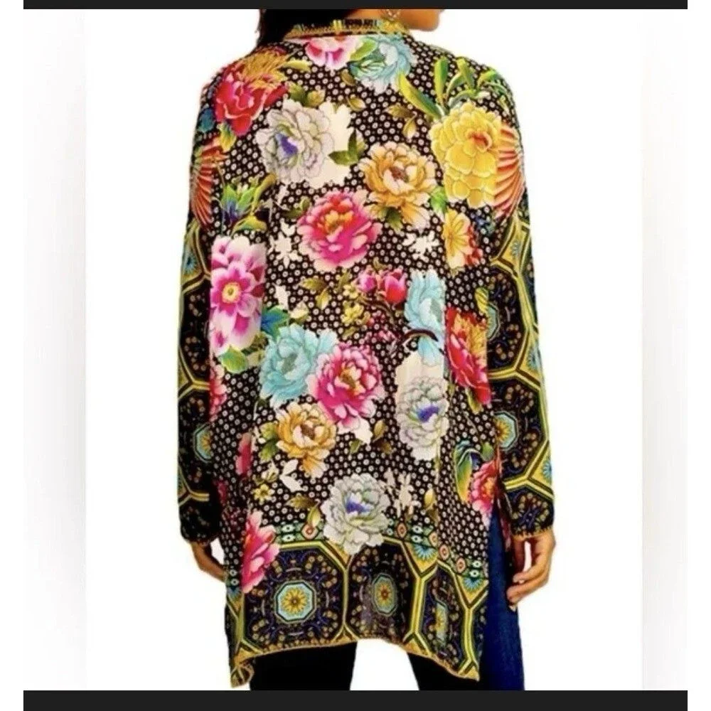 Johnny Was silk Fagan Josie Boho Silk Button Down Top Blouse Shirt,Multi Size M - Picture 2 of 13